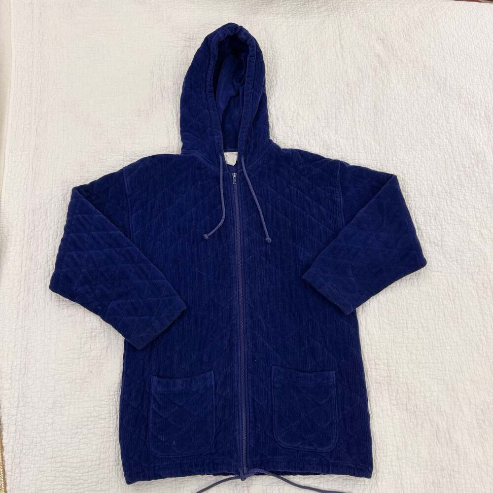 Jones New York Sport Blue Quilted Corduroy Full Zip Hooded Hoodie Pockets M